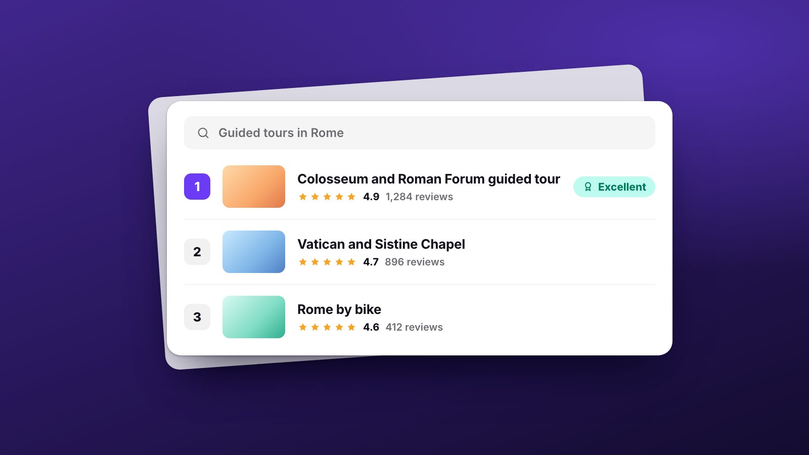 A search for guided tours in Rome with three ranked results: the first, rated 4.9 stars, has the Excellent level.