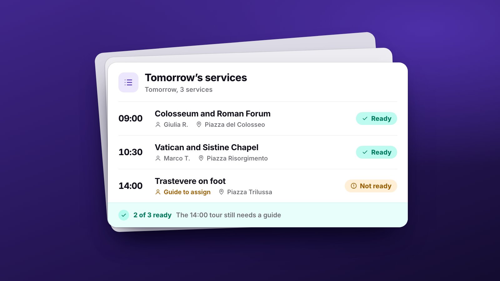 Tomorrow’s list of services: two tours with their guide assigned are ready, the third is not ready because it still needs a guide.