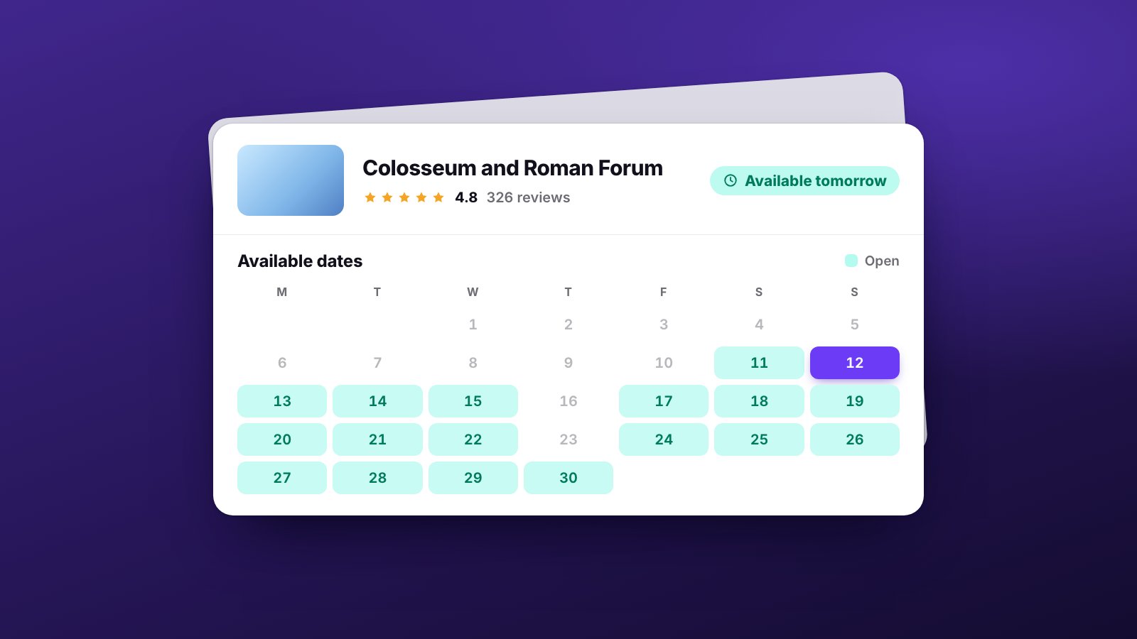 The listing of a Colosseum and Roman Forum tour rated 4.8 stars, with 326 reviews and the label Available tomorrow, above a calendar of the month’s open dates.