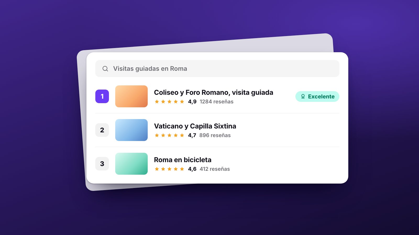 Una búsqueda de visitas guiadas en Roma con tres resultados en ranking: el primero, con 4,9 estrellas, tiene el nivel Excelente.