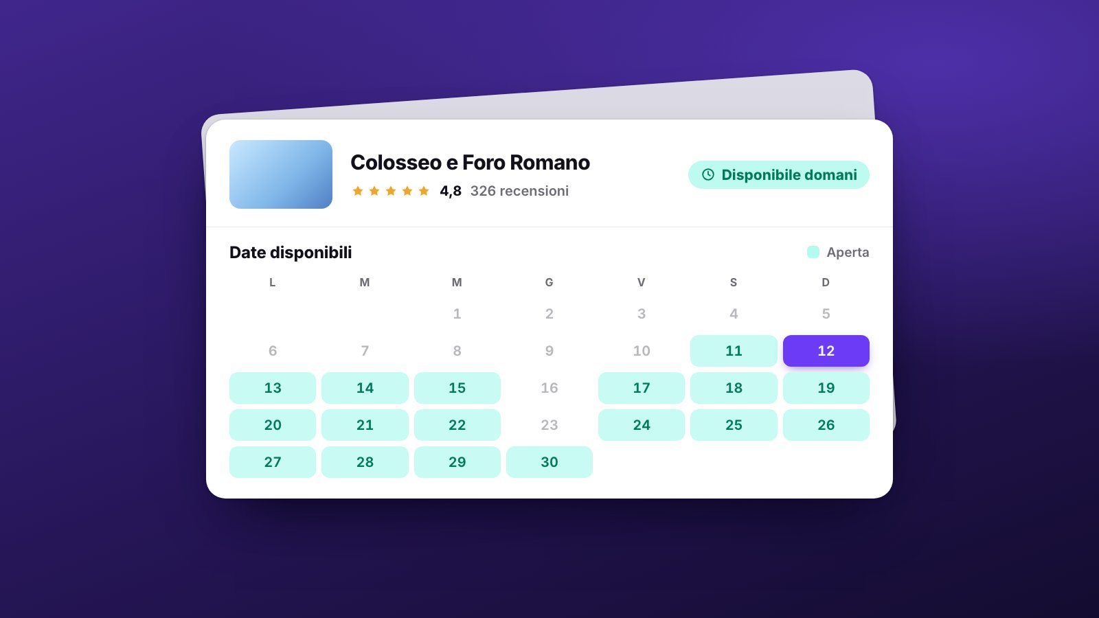 La scheda di una visita al Colosseo e al Foro Romano, con 4,8 stelle, 326 recensioni e l’etichetta Disponibile domani, sopra un calendario con le date aperte del mese.