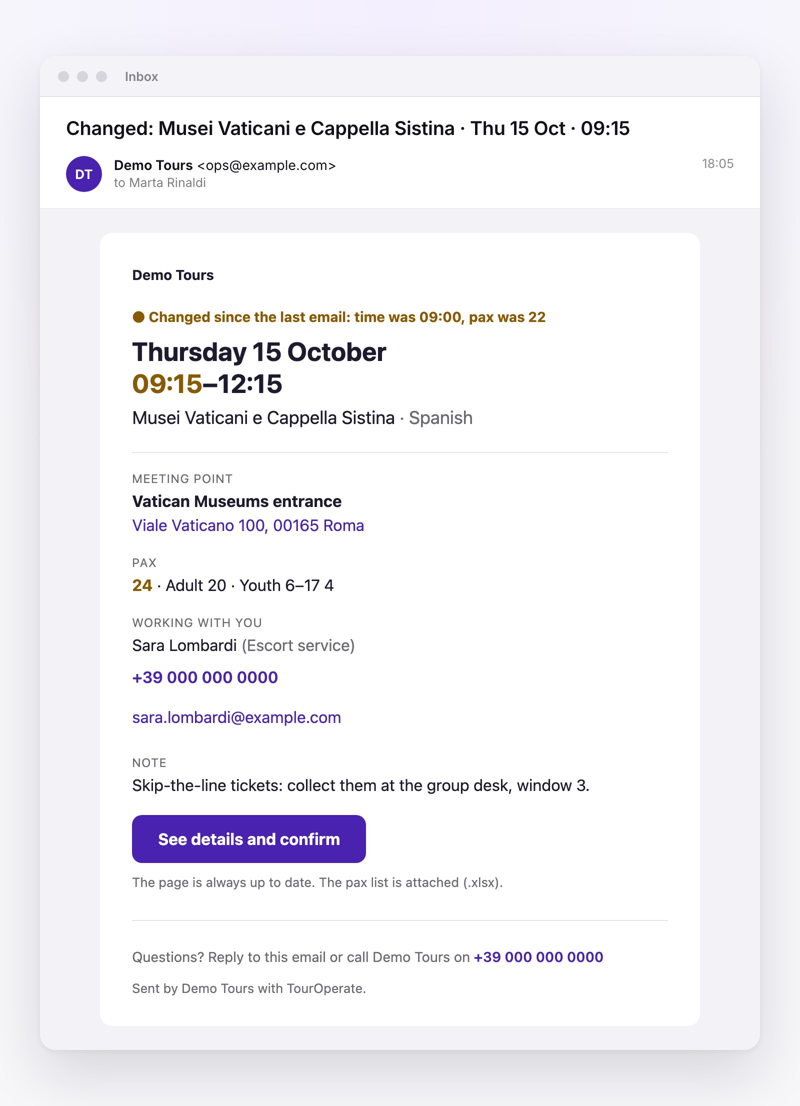 The update email a guide receives when their day changes: the new time and the new number of passengers are highlighted, with the previous values.