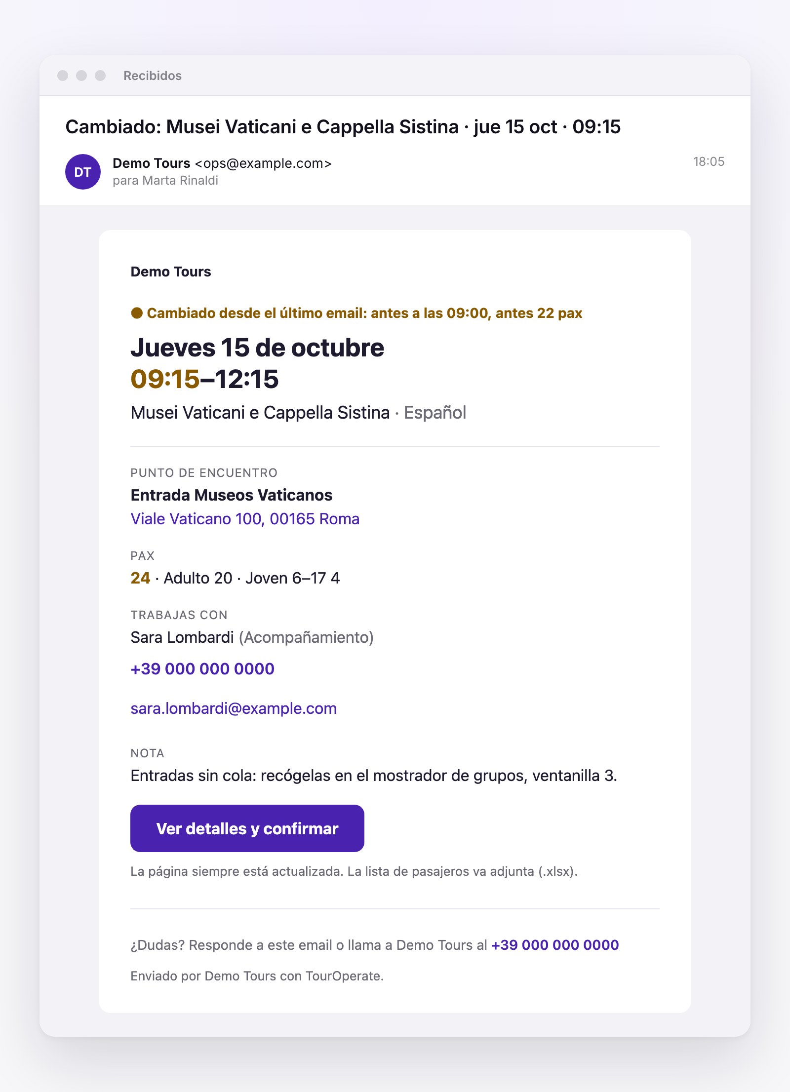 El email de actualización que recibe un guía cuando cambia su jornada: destacados el nuevo horario y el nuevo número de pasajeros, con los valores anteriores.