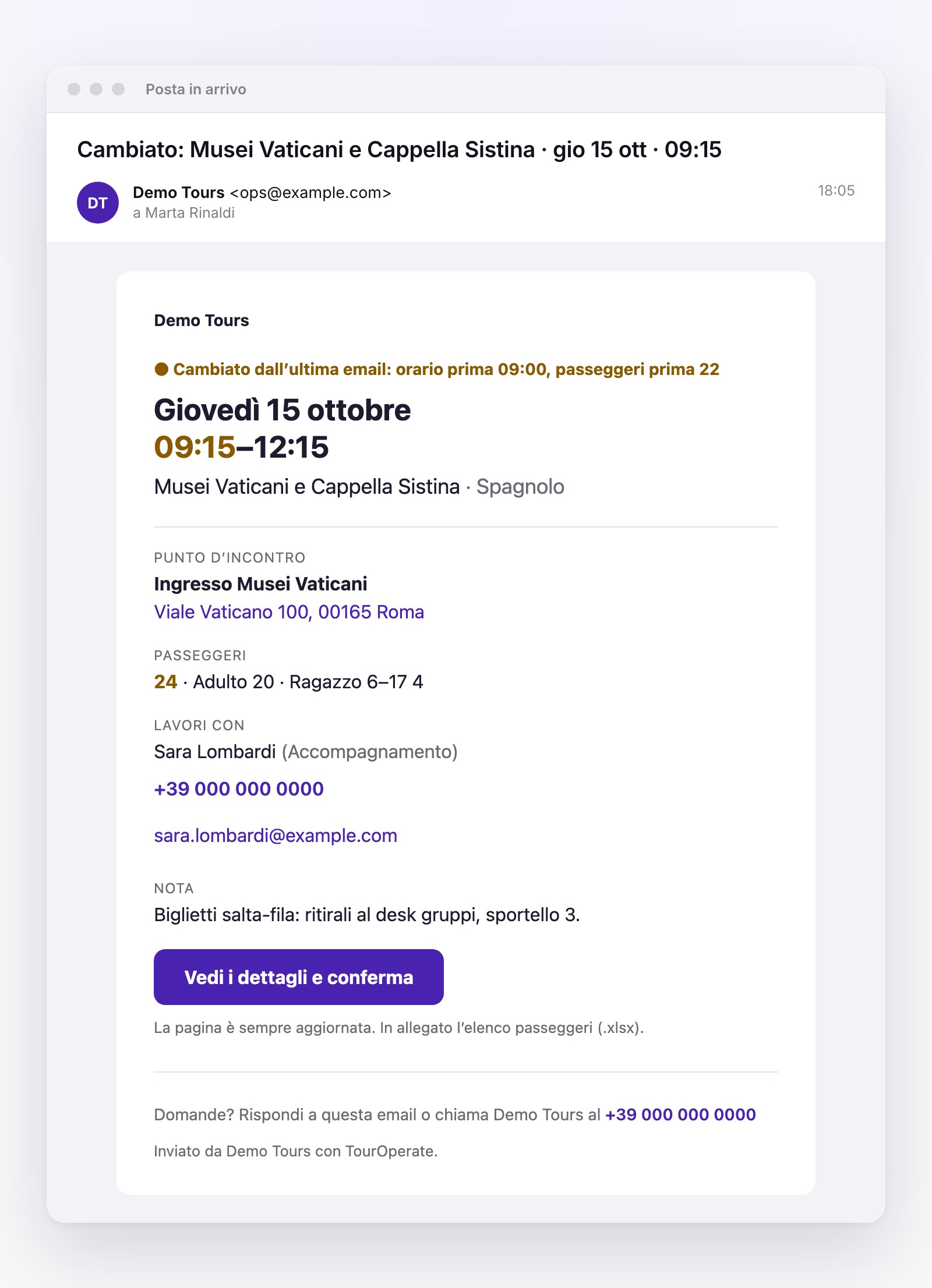 L’email di aggiornamento che riceve una guida quando la sua giornata cambia: in evidenza il nuovo orario e il nuovo numero di passeggeri, con i valori di prima.