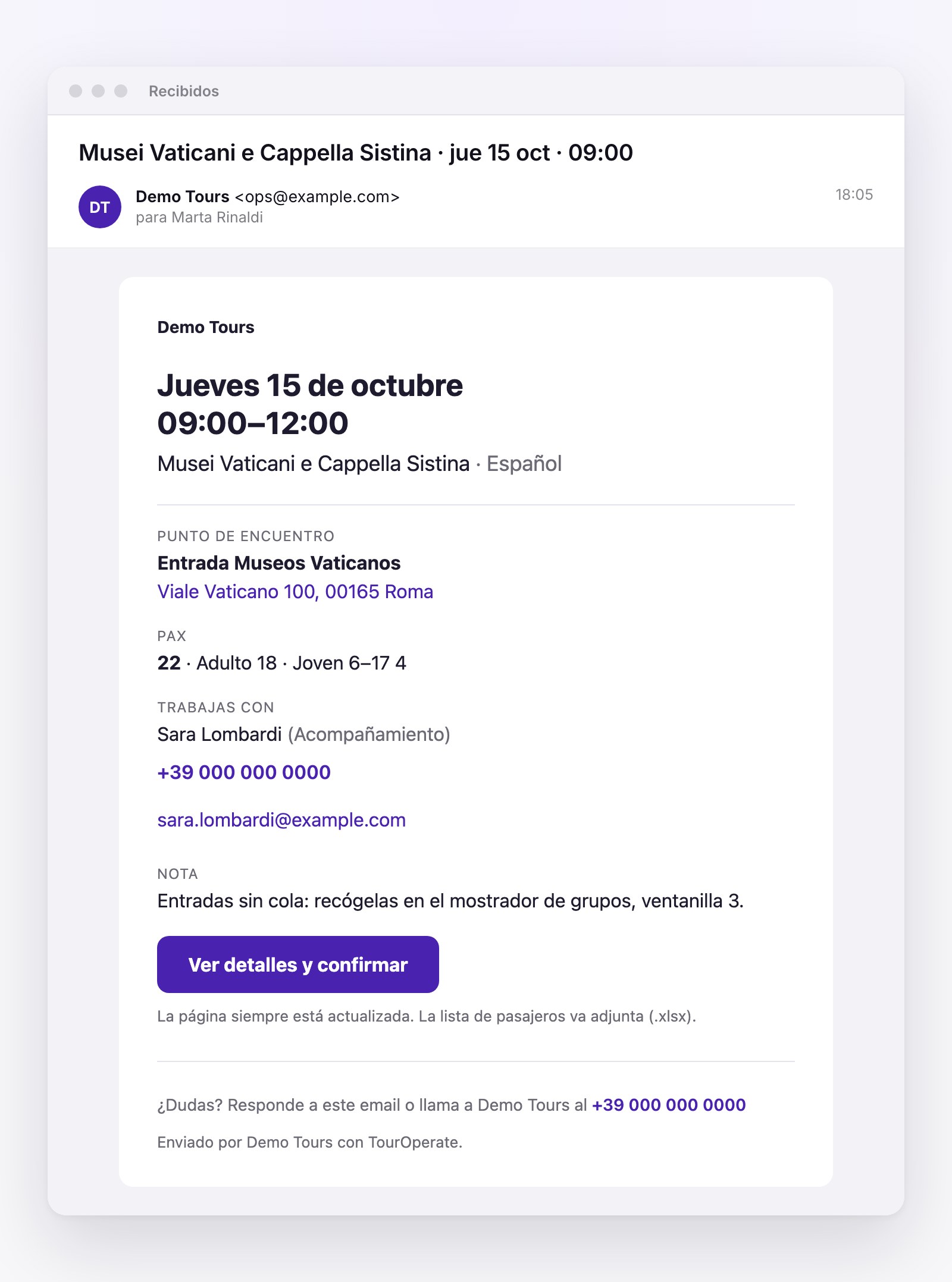 El email del día que recibe un guía: fecha y horario, punto de encuentro, pasajeros, con quién trabaja y el botón para confirmar.