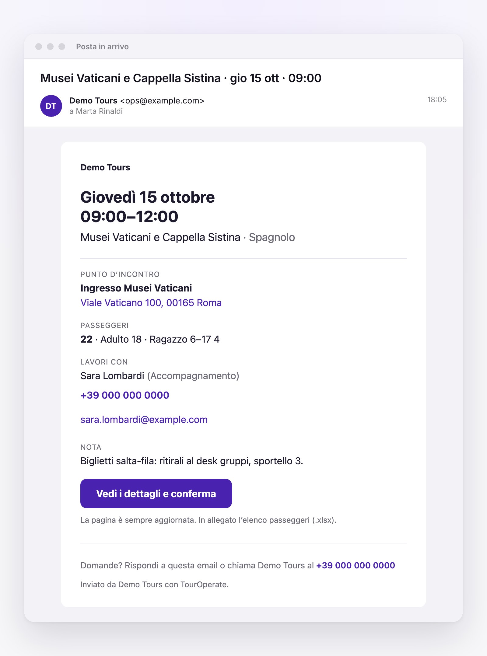 L’email del giorno che riceve una guida: data e orario, punto d’incontro, passeggeri, con chi lavora e il pulsante per confermare.