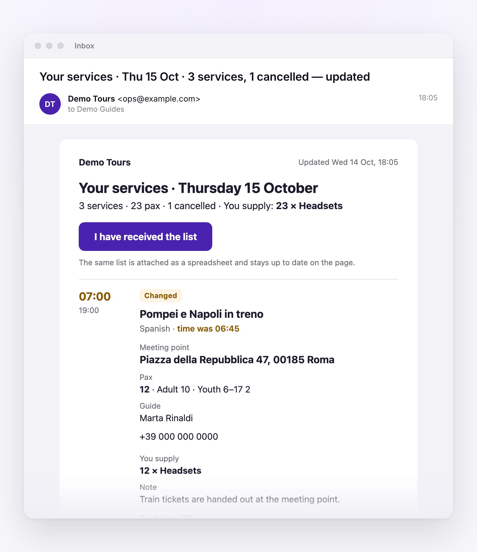 A partner’s email for Thursday 15 October: 3 services, 23 passengers and one cancelled. The first, Pompei e Napoli in treno at 07:00, is marked Changed and shows the meeting point, passengers, guide and 12 headsets to supply.