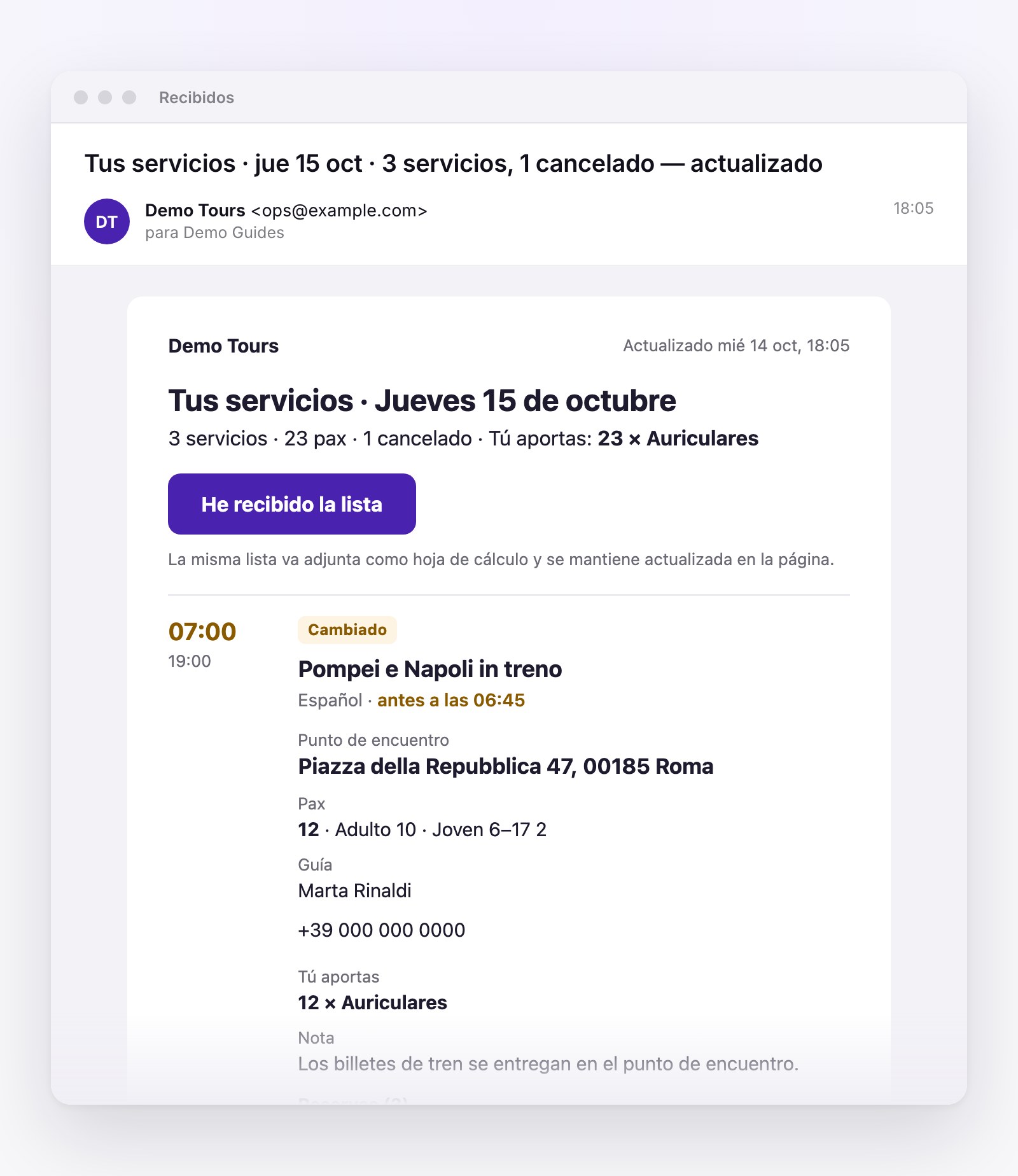 El email de un partner para el jueves 15 de octubre: 3 servicios, 23 pasajeros y uno cancelado. El primero, Pompei e Napoli in treno a las 07:00, aparece como Cambiado e indica el punto de encuentro, los pasajeros, el guía y 12 auriculares que entregar.