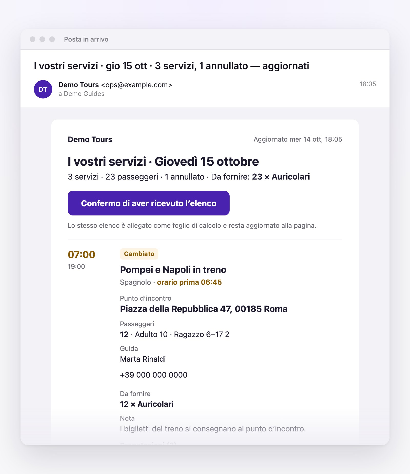 L’email di un partner per giovedì 15 ottobre: 3 servizi, 23 passeggeri e uno annullato. Il primo, Pompei e Napoli in treno alle 07:00, è segnato Cambiato e riporta punto d’incontro, passeggeri, guida e 12 auricolari da fornire.