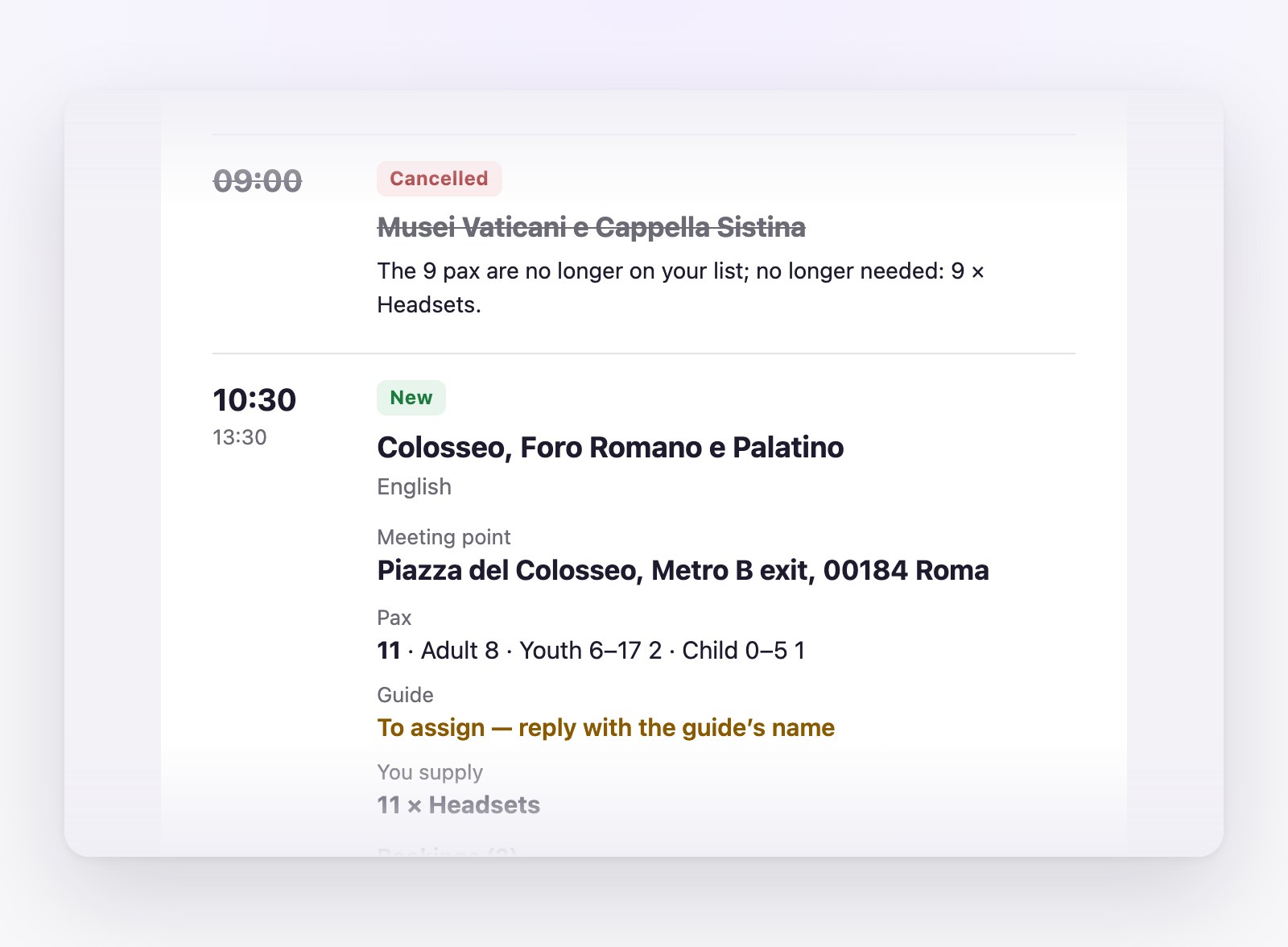 The day’s list a partner receives: the 09:00 service at the Vatican Museums is marked Cancelled and struck through, with its 9 passengers removed and 9 headsets no longer needed; the 10:30 service at the Colosseum is marked New, with its meeting point, 11 passengers and the guide still to be assigned.