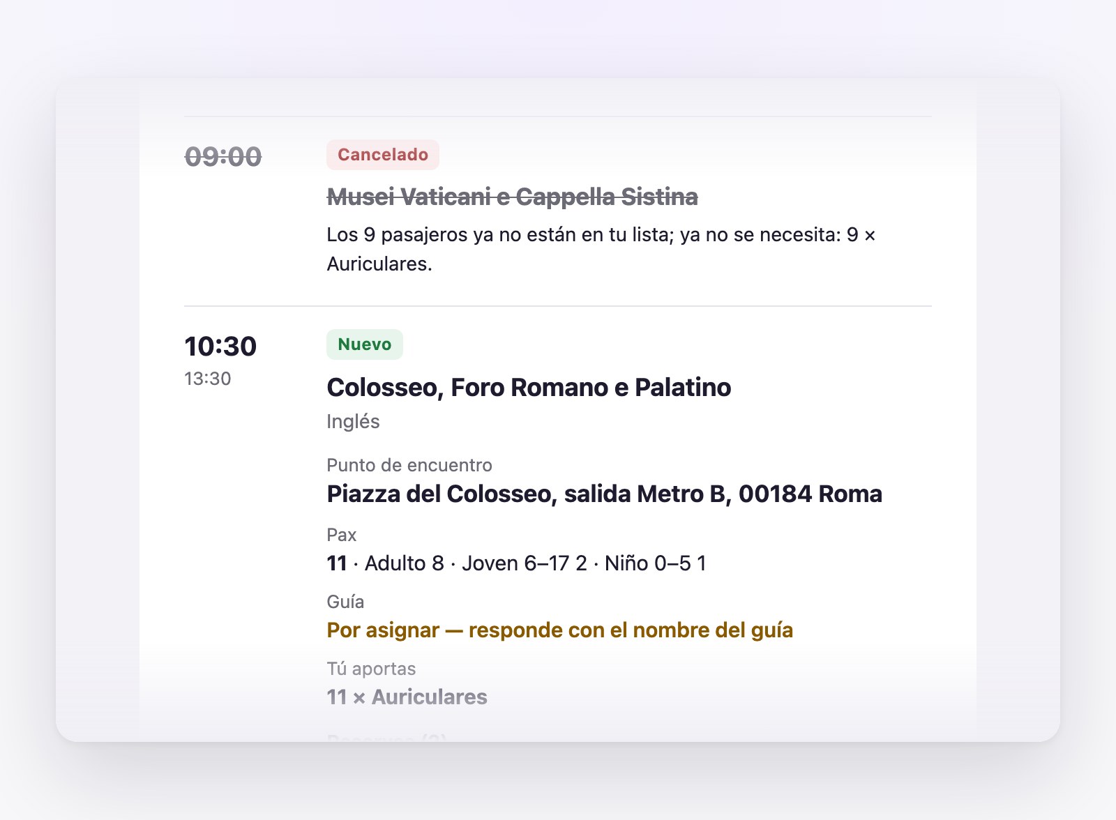 La lista del día que recibe un partner: el servicio de las 09:00 en los Museos Vaticanos aparece como Cancelado y tachado, con sus 9 pasajeros eliminados y 9 auriculares que ya no hacen falta; el de las 10:30 en el Coliseo aparece como Nuevo, con su punto de encuentro, 11 pasajeros y el guía todavía por asignar.