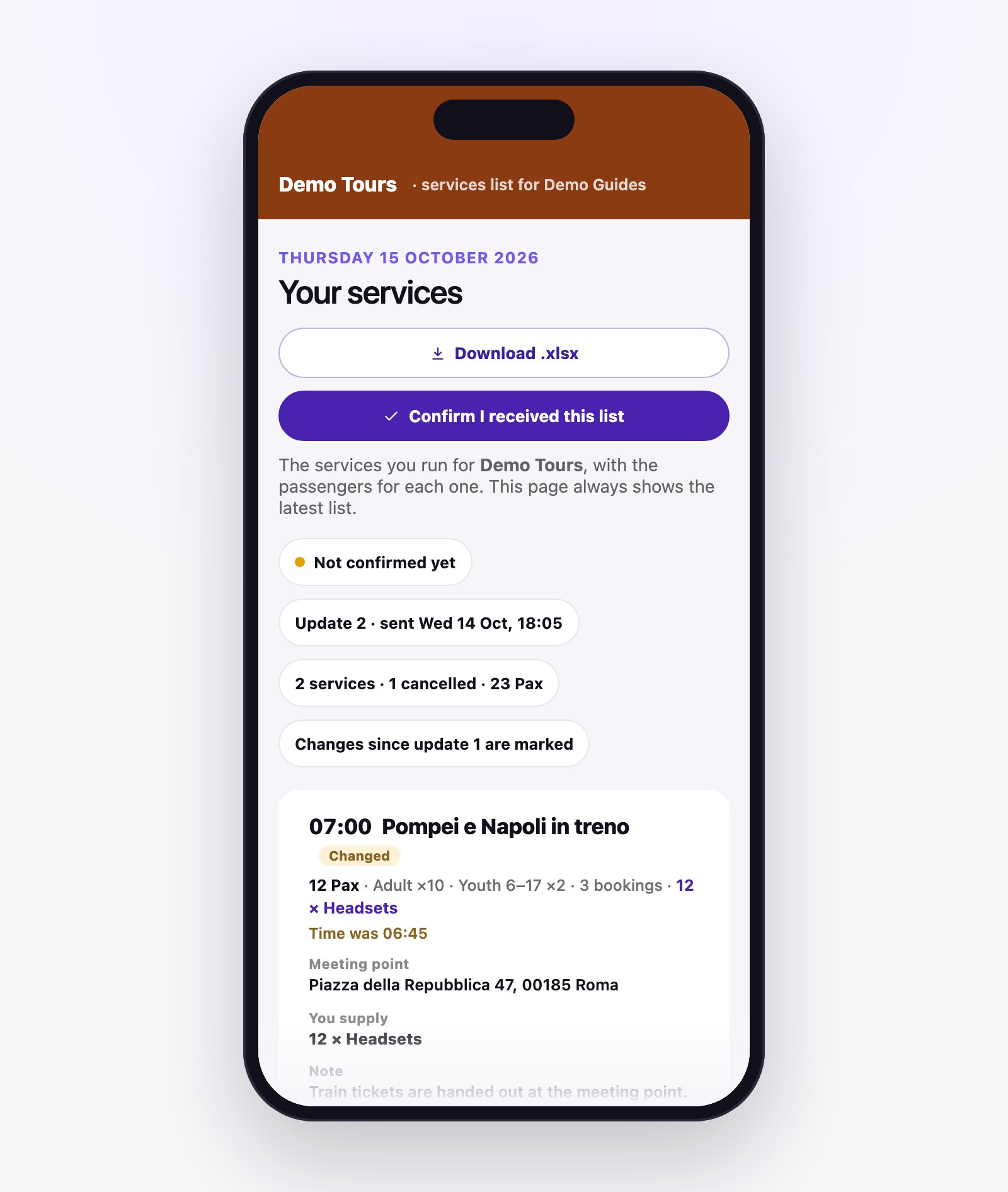 A partner’s list of services open on a phone, for Thursday 15 October: buttons to download the .xlsx file and to confirm the list was received, update 2 with 2 services, 1 cancelled and 23 passengers, and the first service, Pompei e Napoli in treno at 07:00, marked Changed because the time was 06:45.