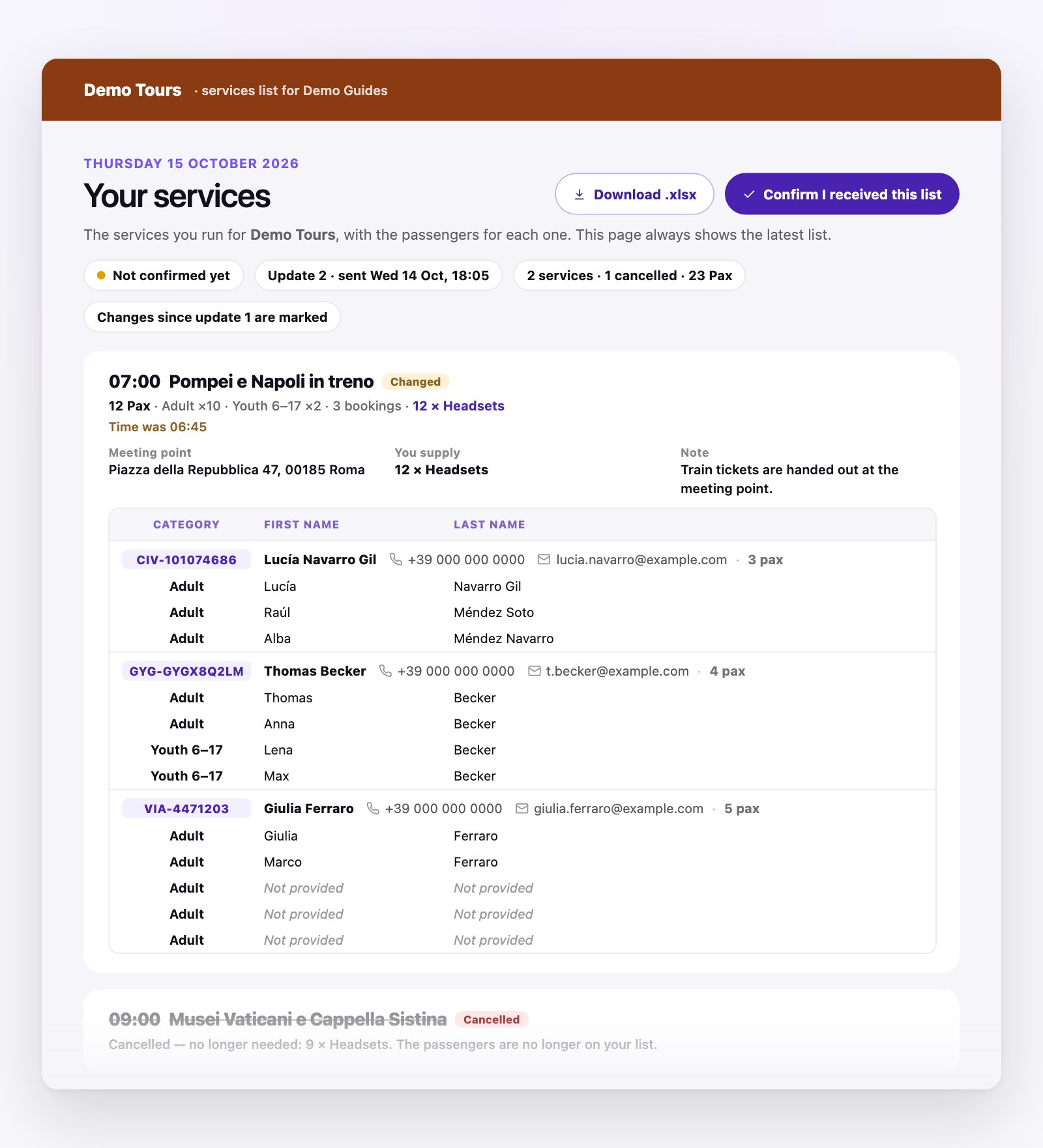 A partner’s “Your services” page for Thursday 15 October 2026: 2 services, 1 cancelled, 23 Pax. The first, Pompei e Napoli in treno at 07:00, is marked Changed and shows the meeting point, 12 headsets to supply and the passengers of each booking.